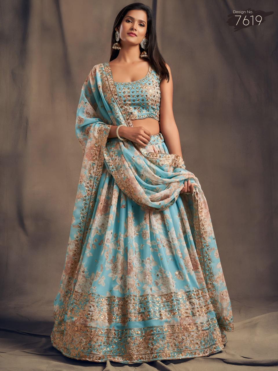 Floral vol 2 Sky Blue Organza Designer lehenga choli in Gujarat